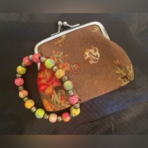Brown Floral Coin Purse with Multicolor Beaded Wristlet Givey